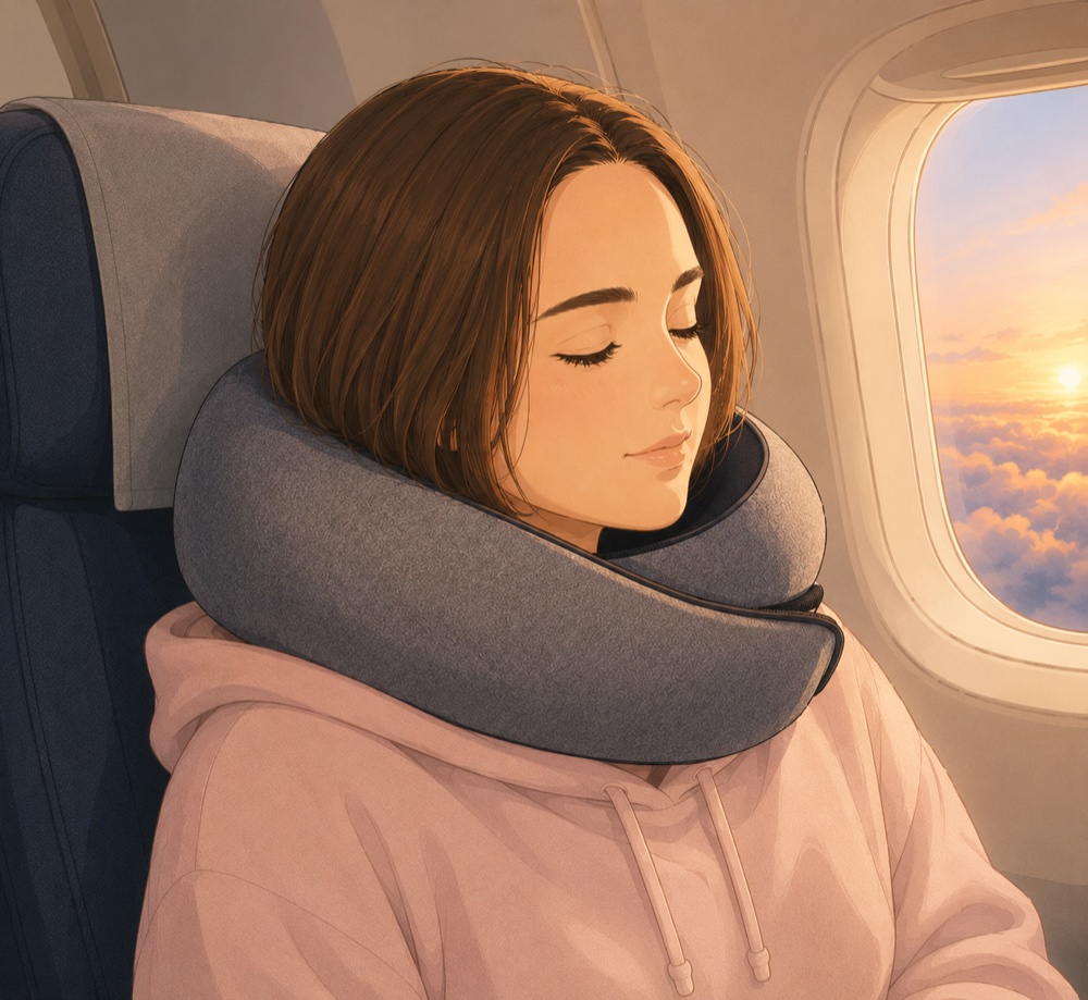 Traveler resting with a neck pillow on an airplane at sunset